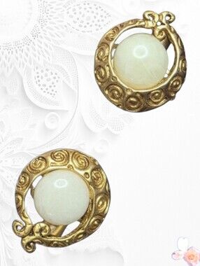 Vintage Givenchy Clip-On Earrings Gold Tone White Cabochon 770